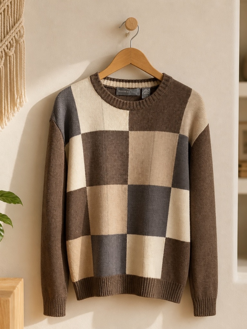 Oscar de la Renta Crewneck Checker Sweater in Brown, Cream & Gray